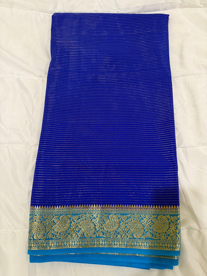 navy blue light blue semi mysore silk saree with attached blouse piece