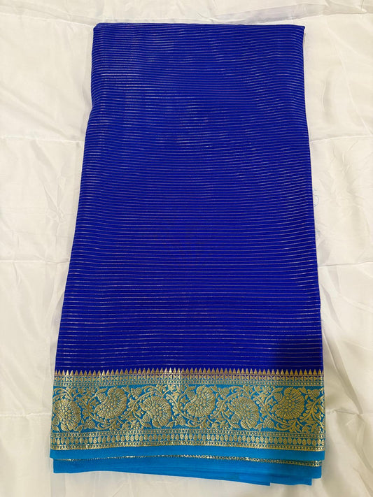 navy blue light blue semi mysore silk saree with attached blouse piece