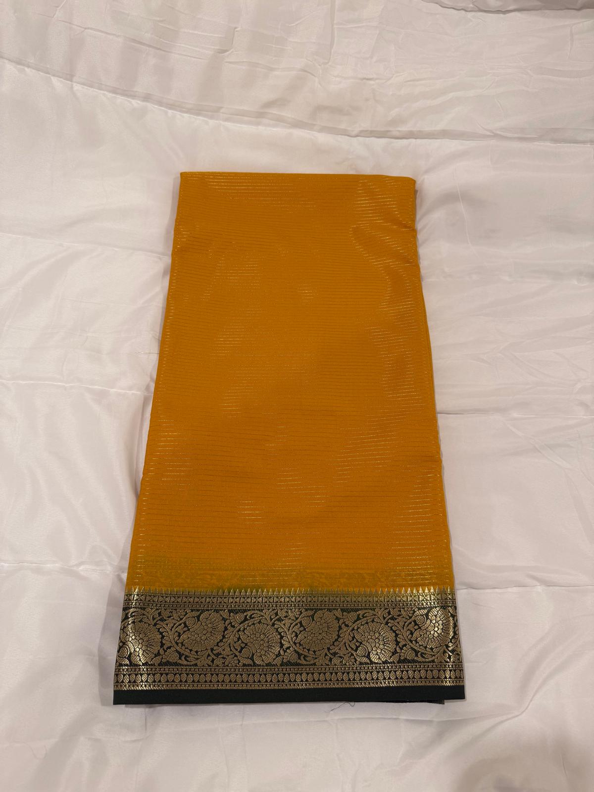 yellow green semi mysore silk saree with attached blouse piece