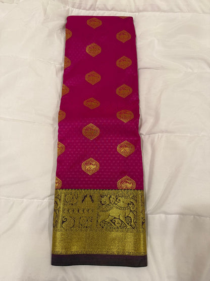 Pink grey semi kanchivaram silk saree with attached blouse piece
