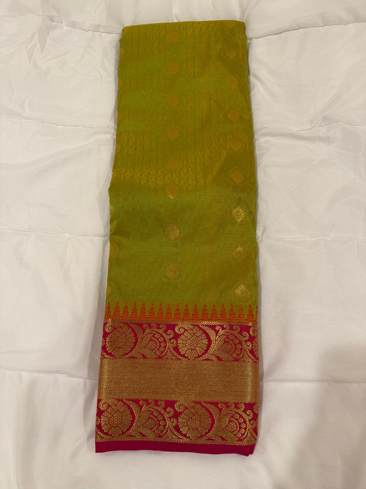 Parrot green pink semi kanchivaram silk saree with attached blouse piece