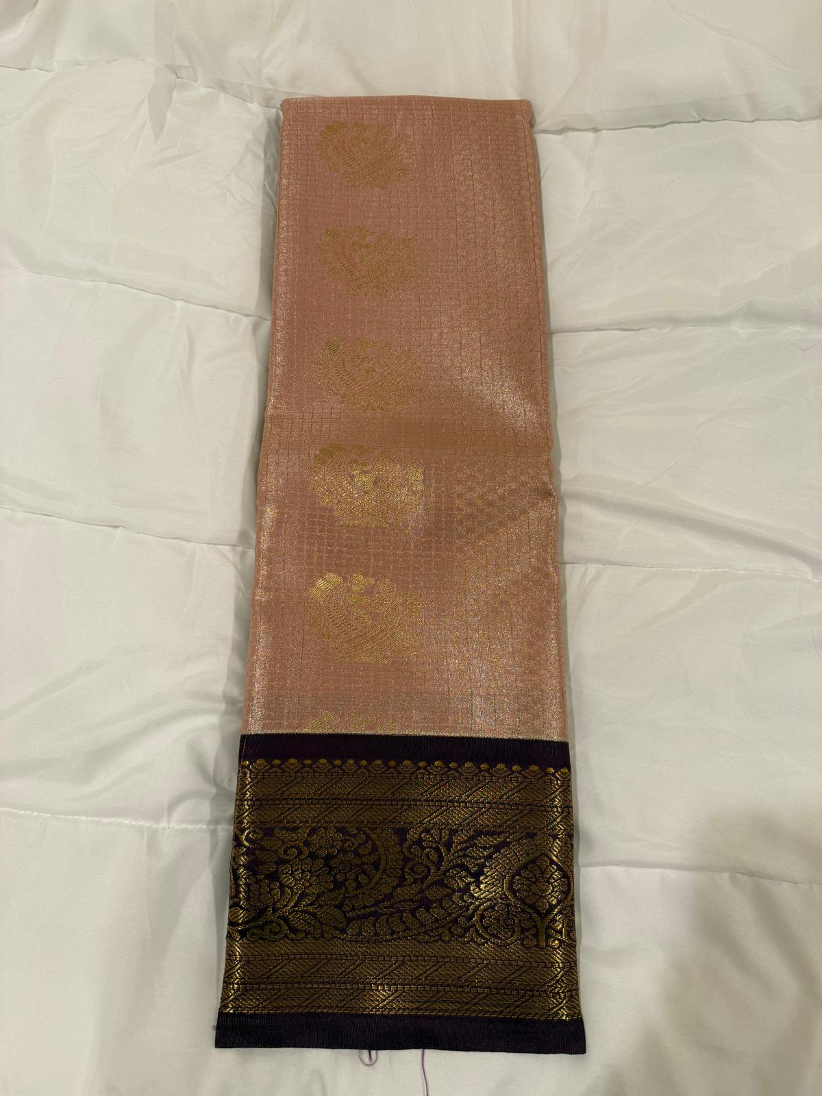 Pink dark purple semi kanchivaram silk saree with attached blouse piece