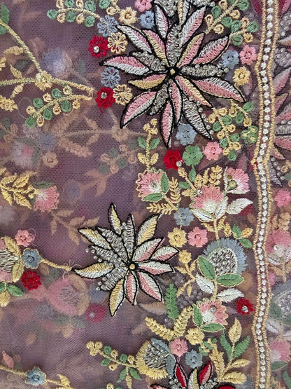 lavender purple net embroidery zarkan saree