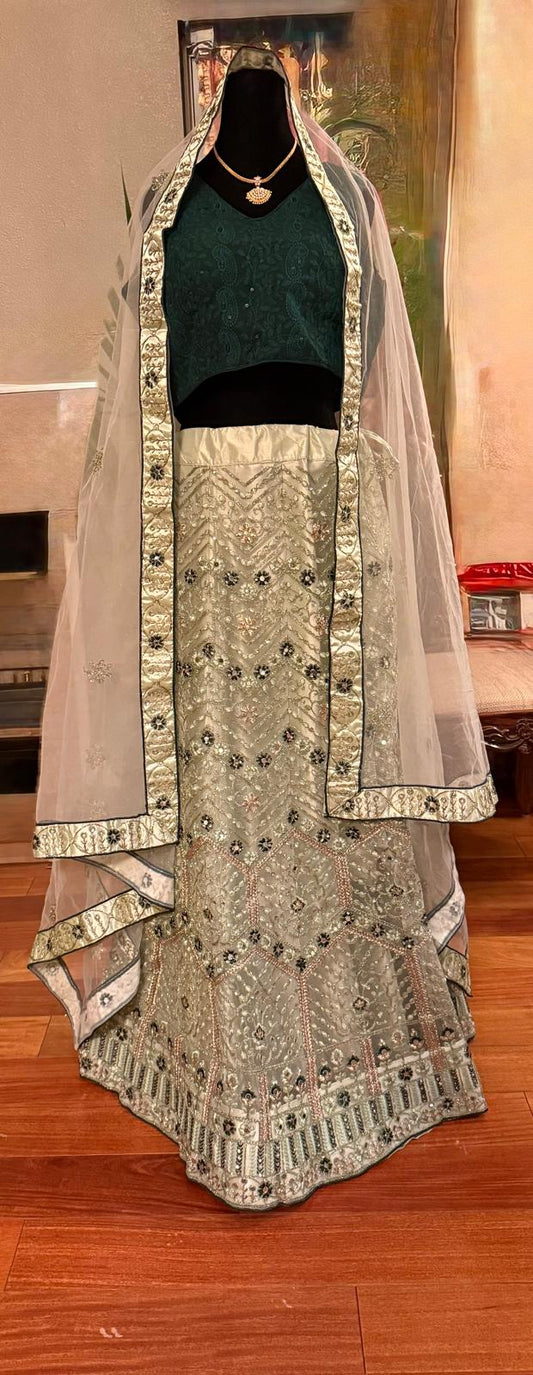 mint green lehenga with gold embroidery and lakhnavi choli