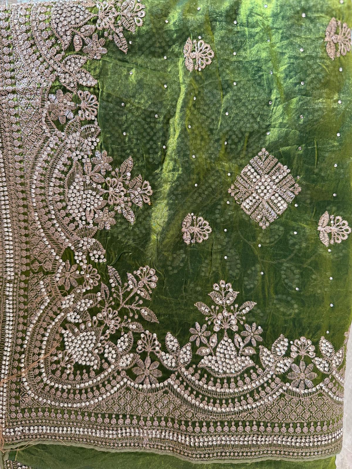 parrot green fendi silk saree with embroidery and heavy stone work with attached designer blouse piece