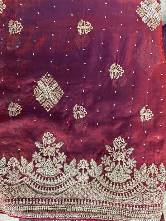 maroon brown fendi silk saree with embroidery and heavy stone work with attached designer blouse piece