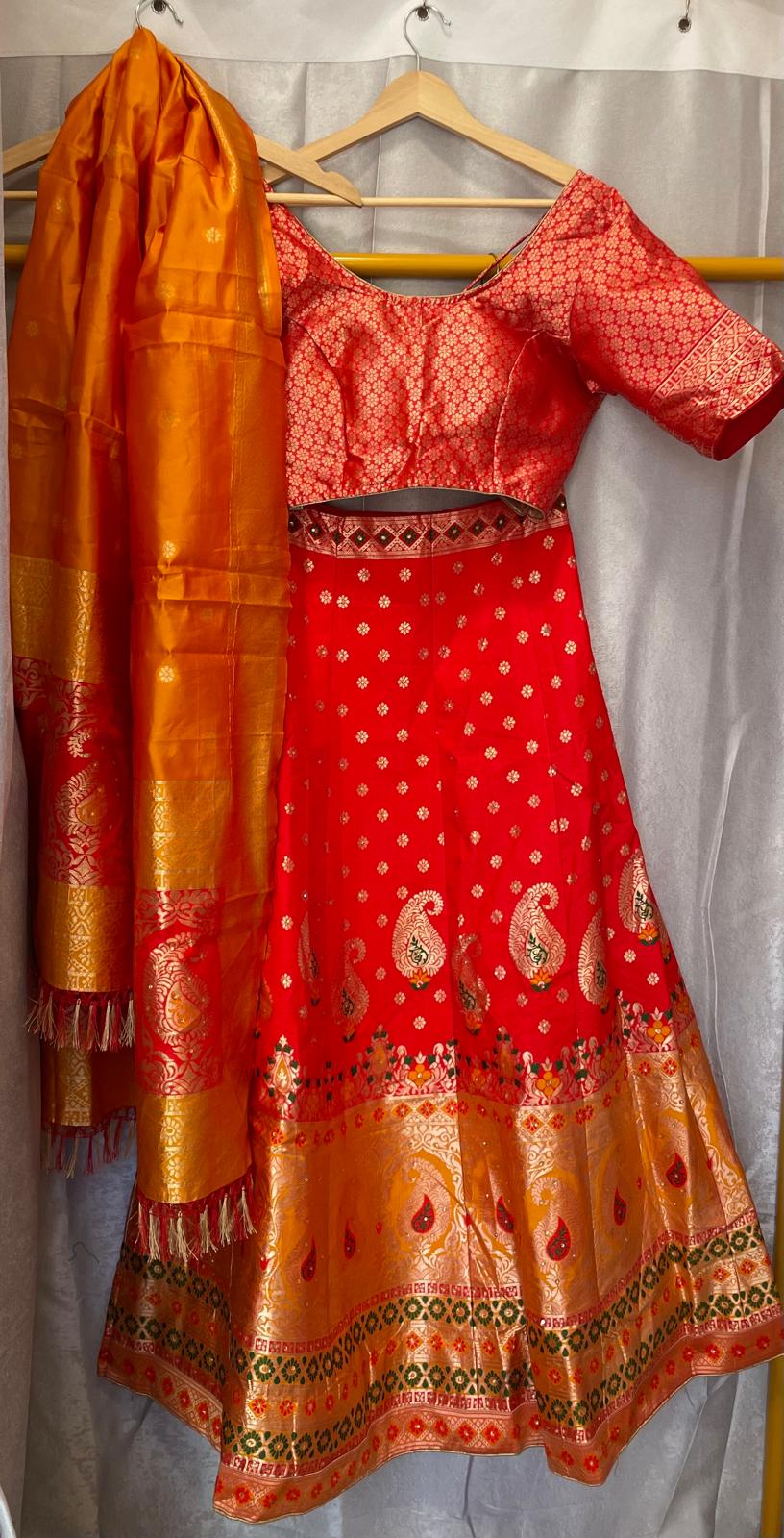 Banaras orange mango design lehenga with banaras dupatta