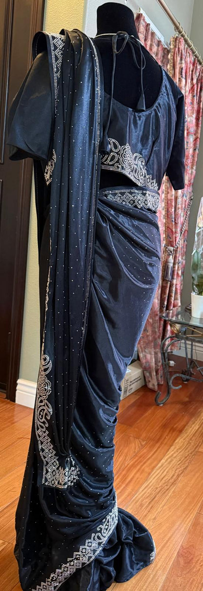 Black Satin silk readymade saree with ready blouse with metal embossing, long pallu, designed blouse