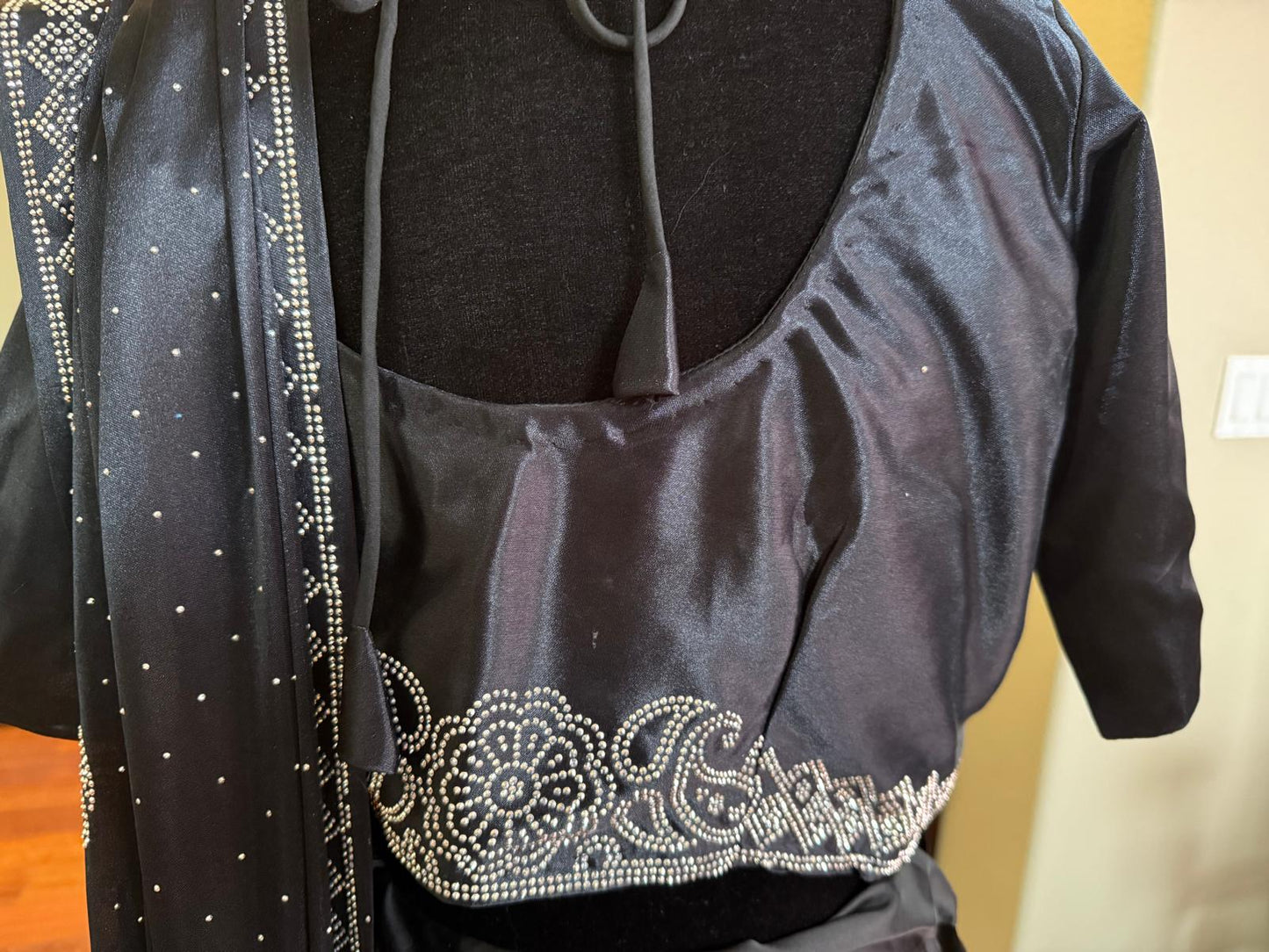 Black Satin silk readymade saree with ready blouse with metal embossing, long pallu, designed blouse