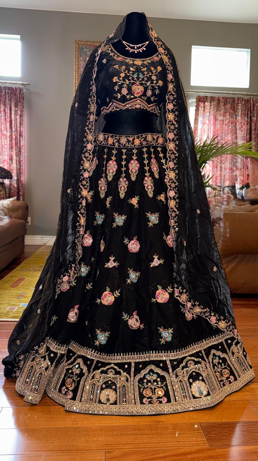 Black fendi silk embroidery stone work lehenga with peacock motiffs designer blouse