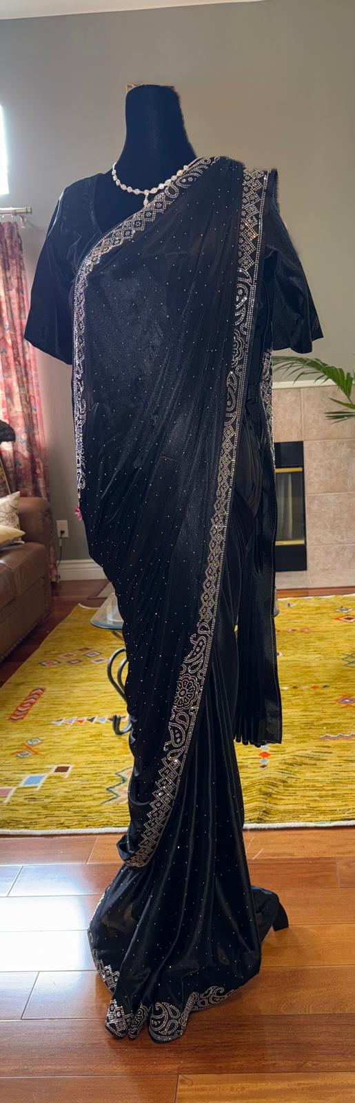 Black Satin silk readymade saree with ready blouse with metal embossing, long pallu, designed blouse