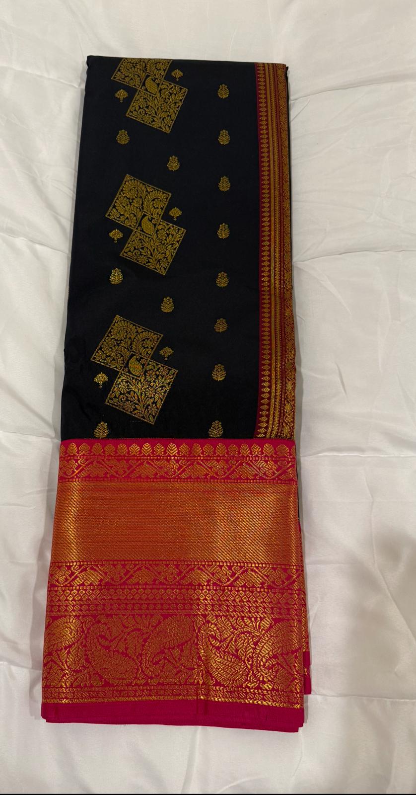 Black red semi kanchivaram silk saree with attached blouse piece