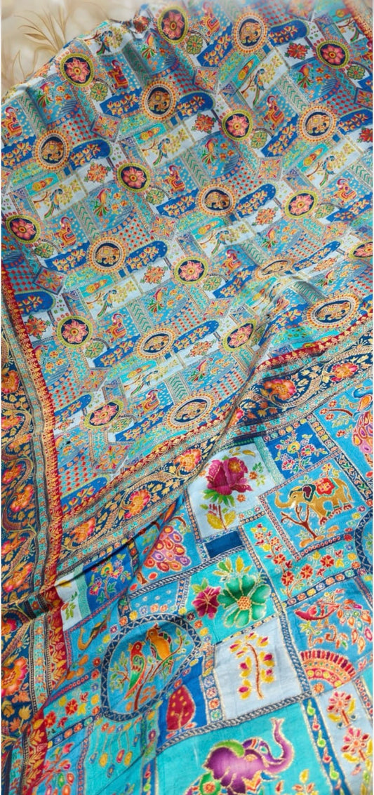 light Blue Pashmina weaving pure banaras saree with attached blouse piece