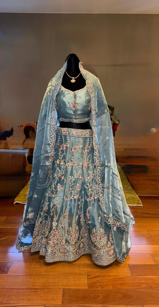 blue grey fendi silk embroidery zarkan lehenga