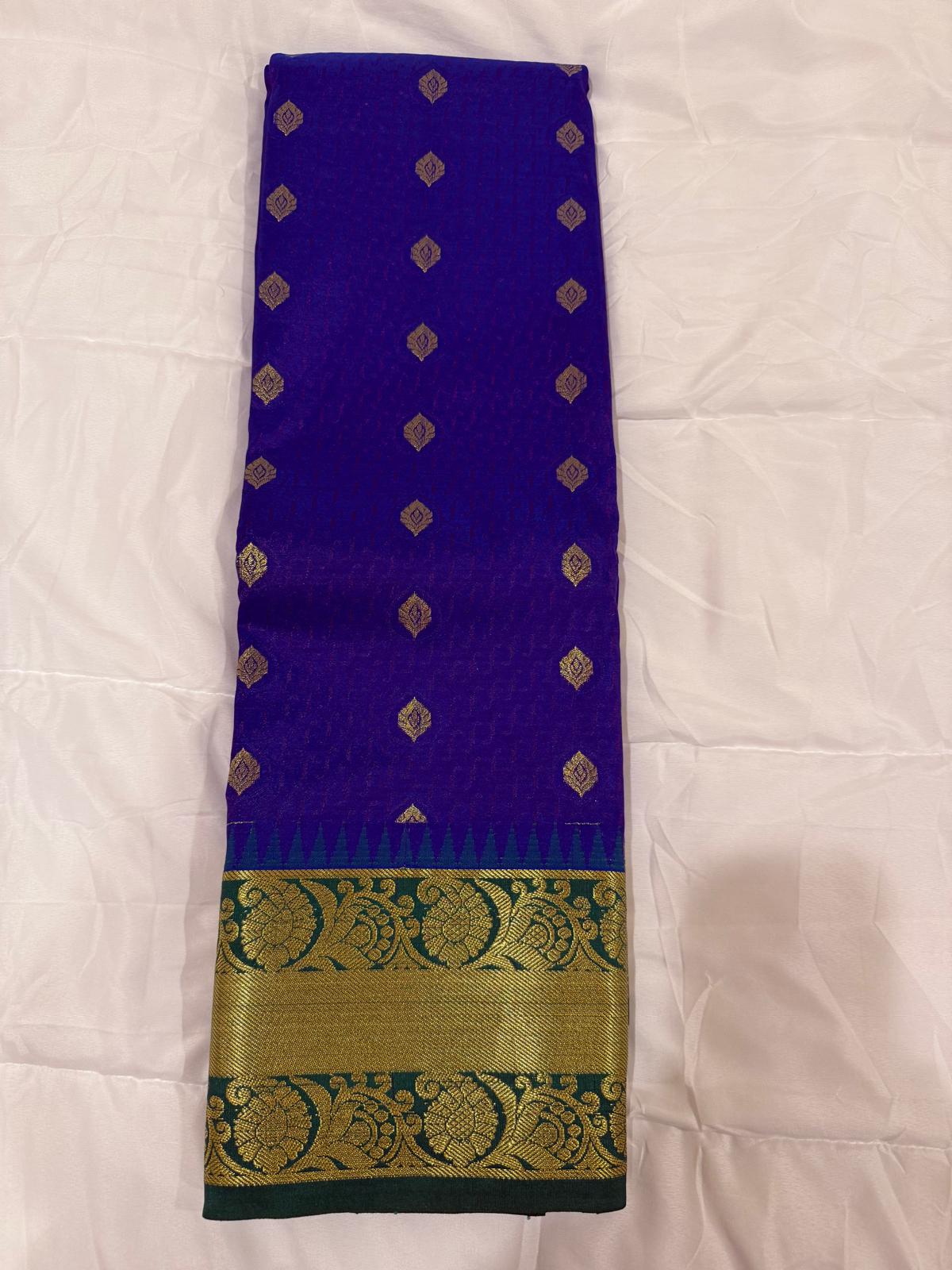 Blue green semi kanchivaram silk saree with attached blouse piece