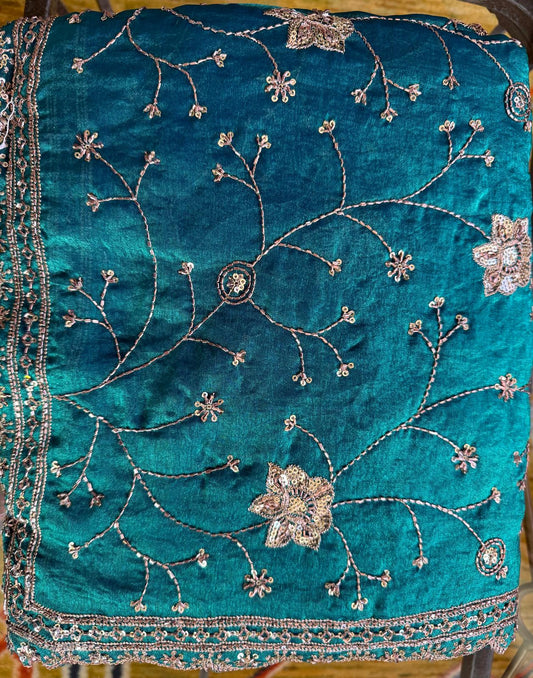 blue beads work fendi silk saree