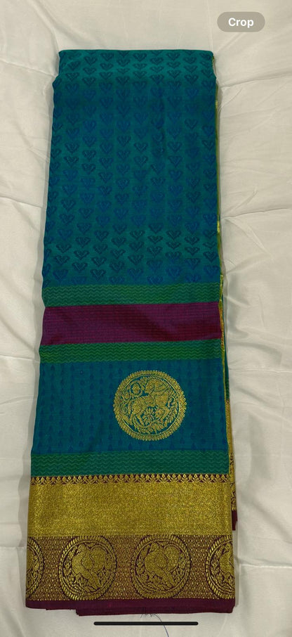 Blue purple semi kanchivaram silk saree with attached blouse piece