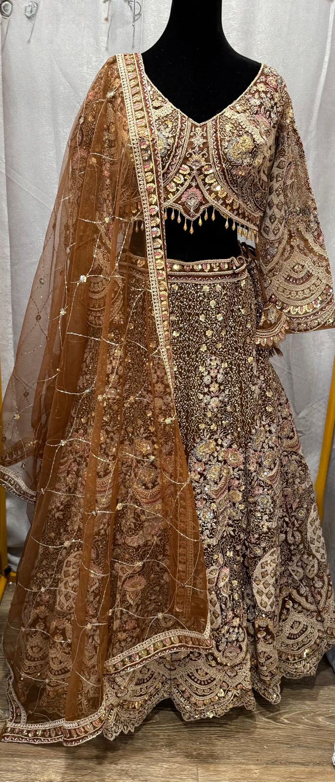 brown peacock embroidery sequence heavy lehenga with designer blouse