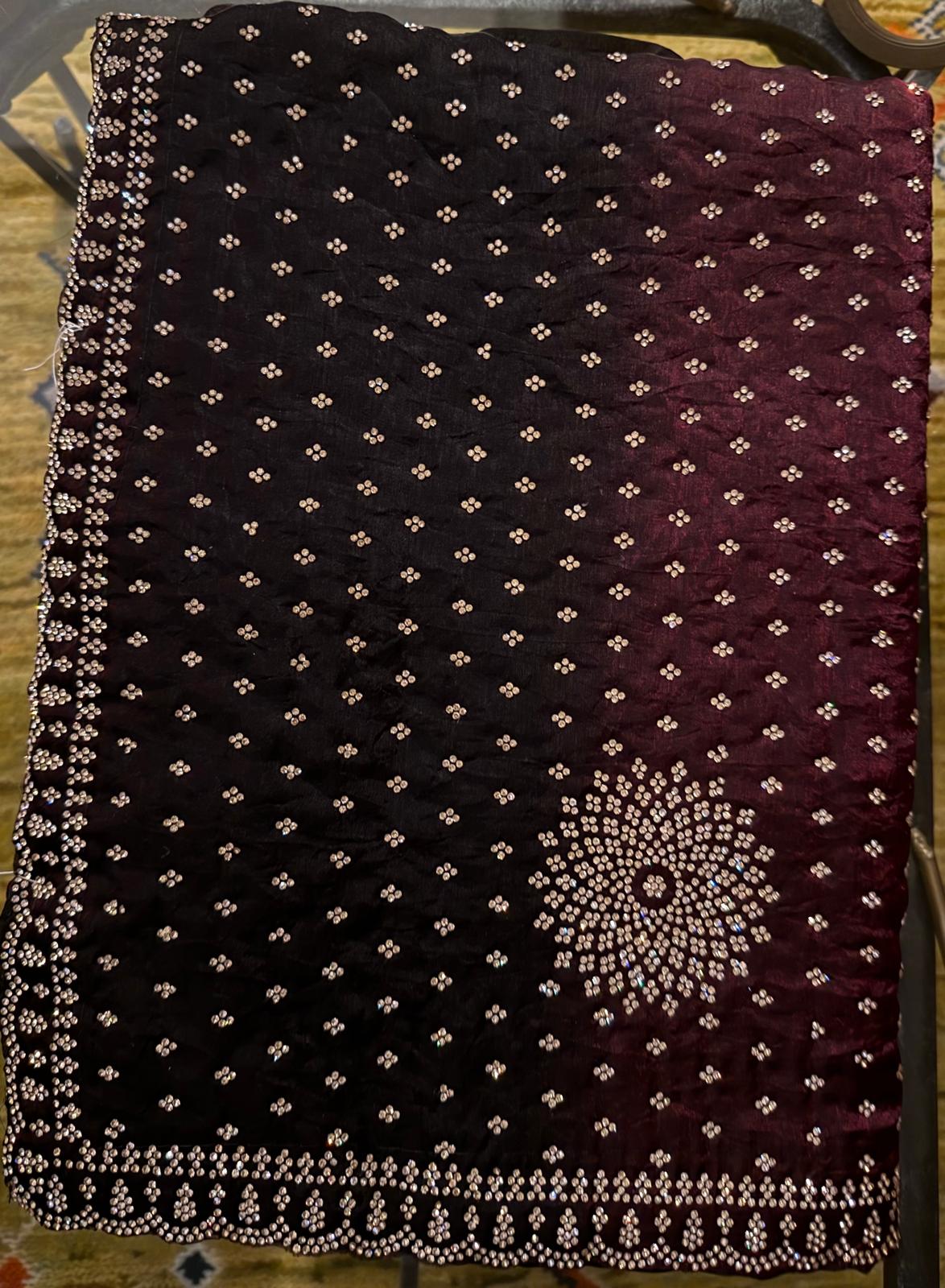 brown multi shade zarkan loaded fendi silk saree