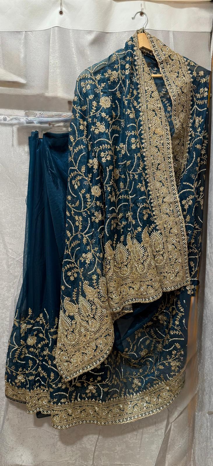 navy blue heavy gold zarkan embroidery tissue net saree with attached blouse and matching petticoat