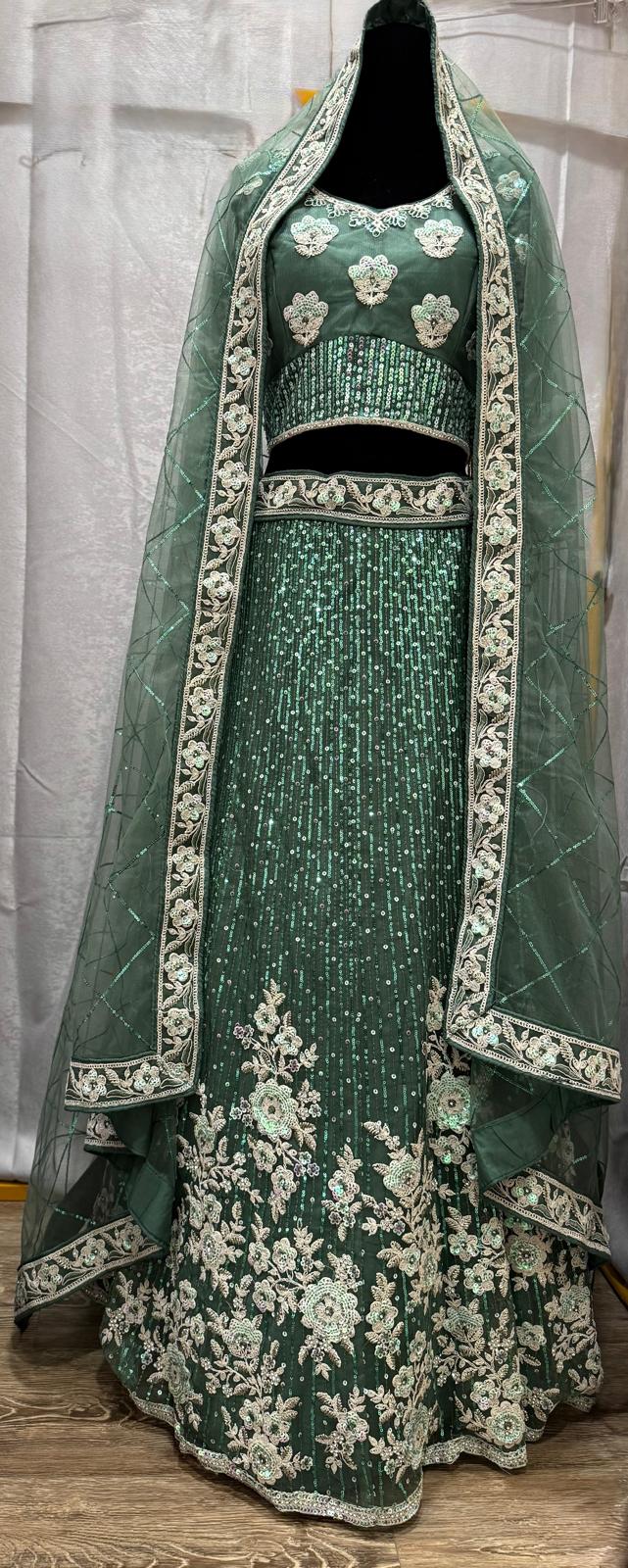 Green Sequence embroidery heavy zarkan silver embroidery lehenga