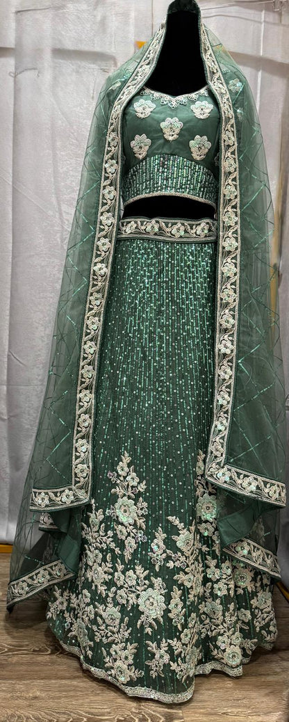 Green Sequence embroidery heavy zarkan silver embroidery lehenga