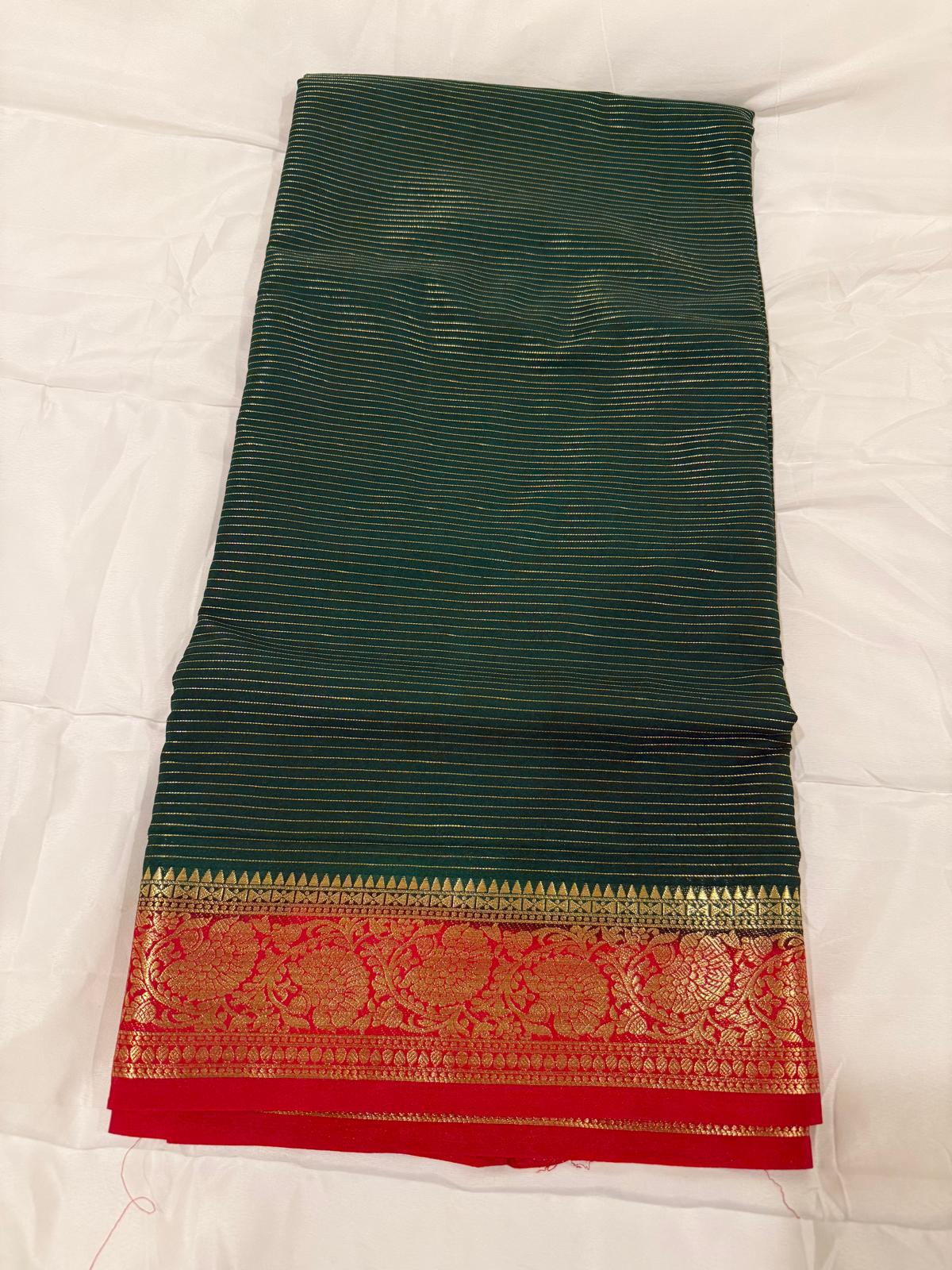 green red semi mysore silk saree with attached blouse piece