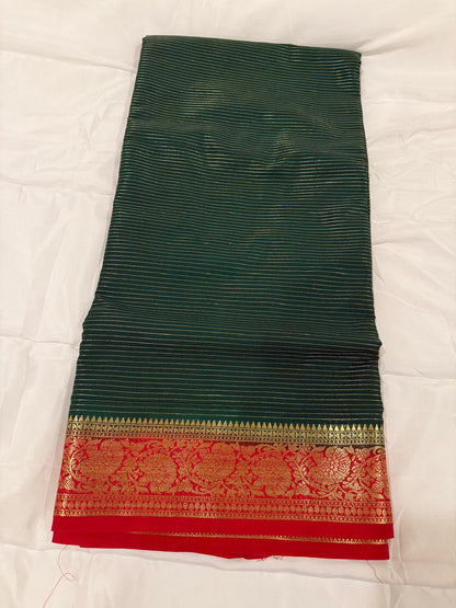 green red semi mysore silk saree with attached blouse piece