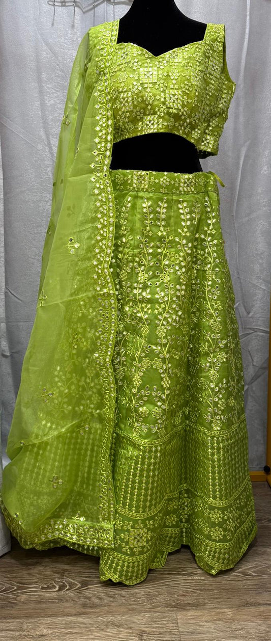 Parrot green Organza designer lehenga with designer choli