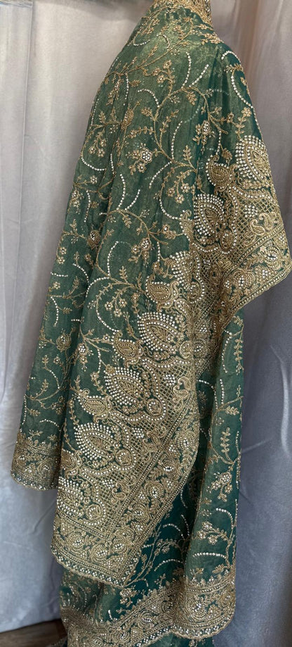 green heavy gold zarkan embroidery tissue net saree with attached blouse and matching petticoat