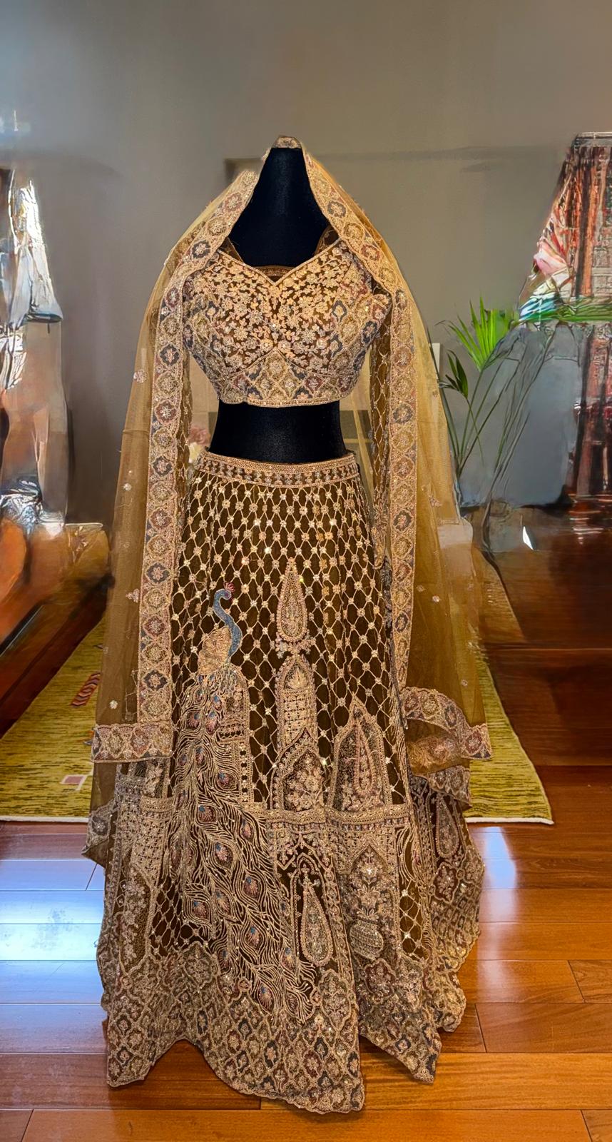 Green brown net lehenga with pearl gold zarkan peacock embroidery with designer blouse