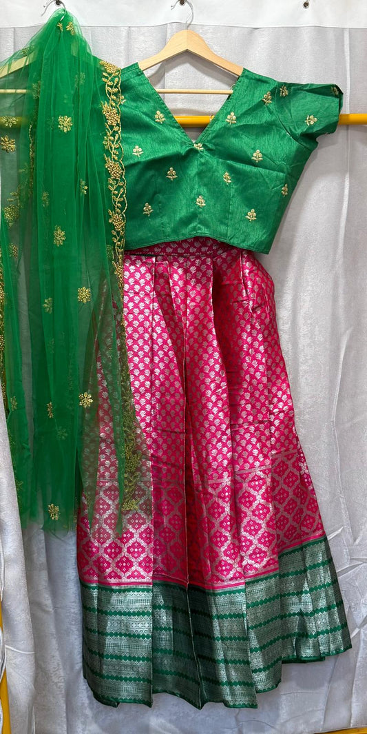 Green pink half saree lehenga