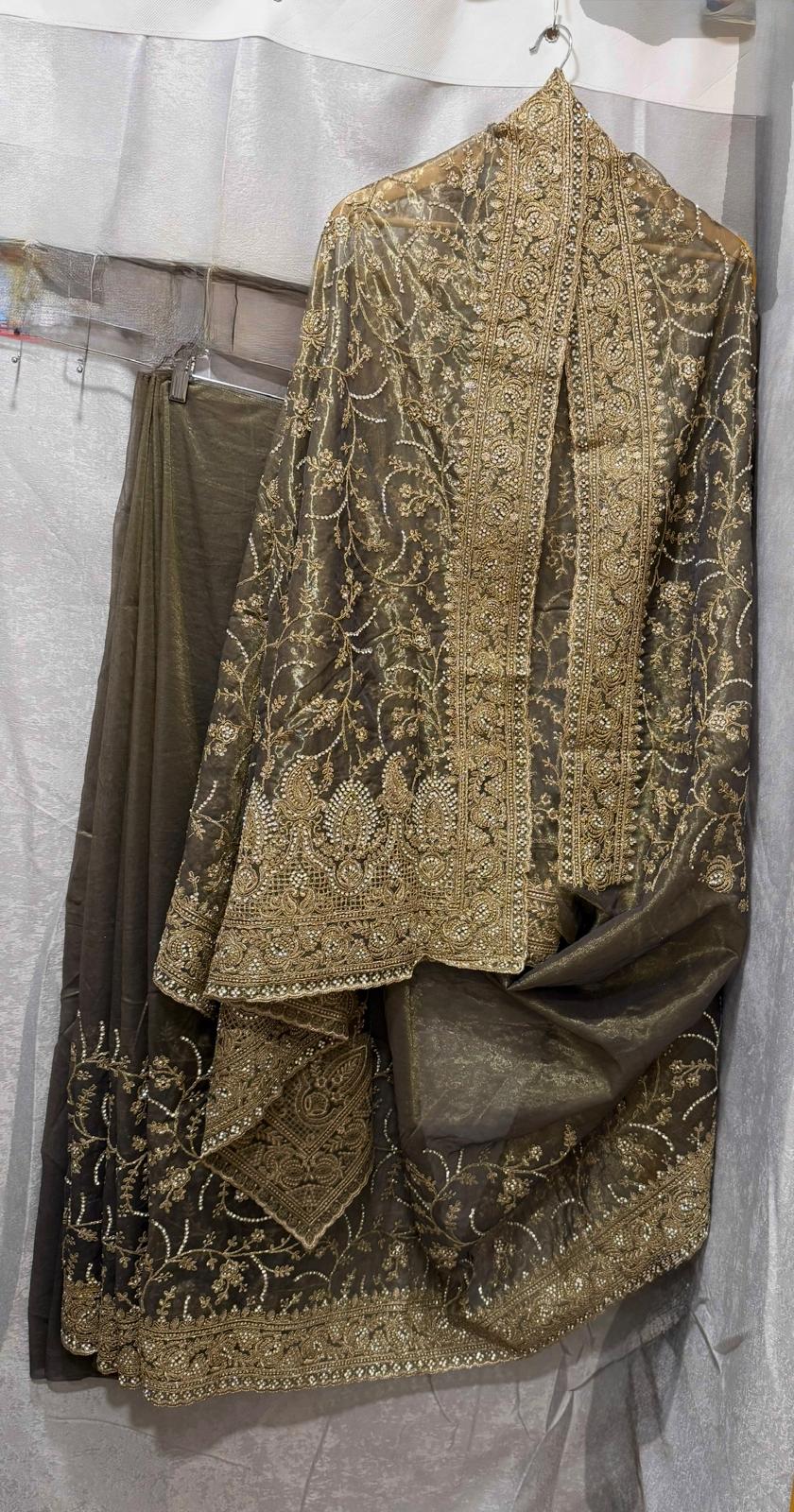 gray grey heavy gold zarkan embroidery tissue net saree with attached blouse and matching petticoat