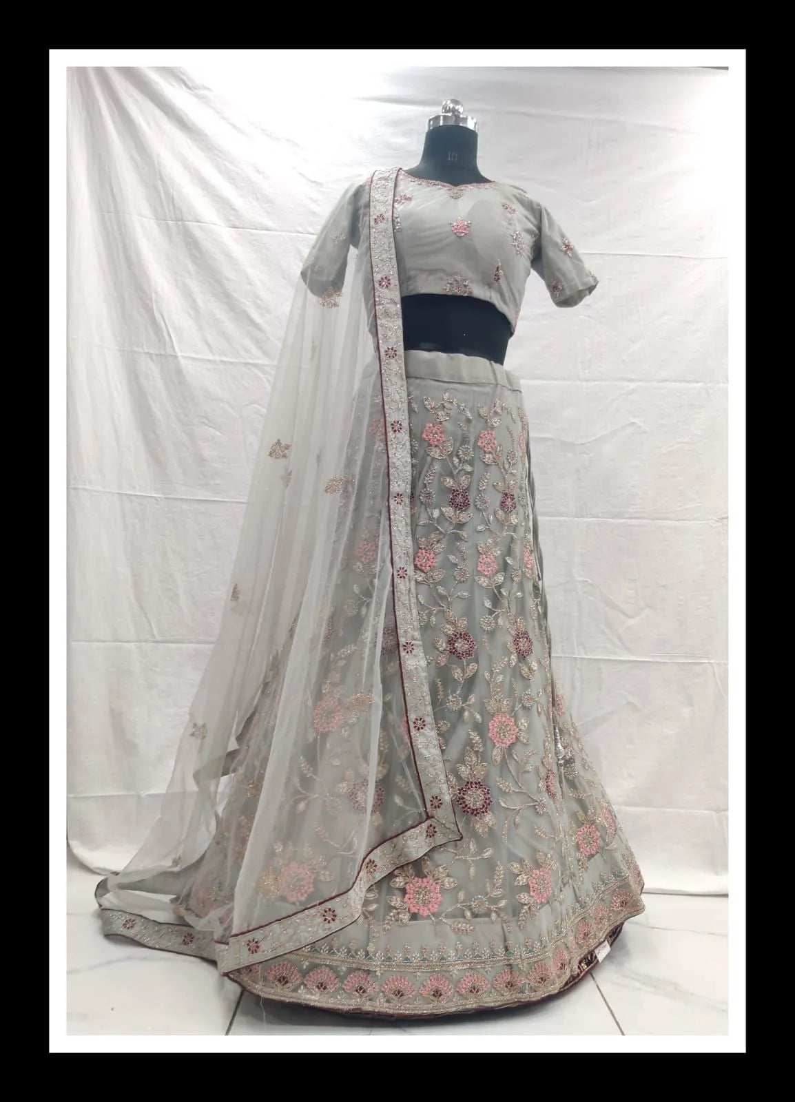 Grey flower embroidery zari lehenga