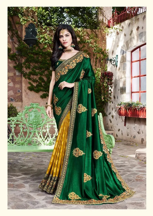 Georgette art silk green yellow designer saree with designer blouse, ready blouse, fall, pico