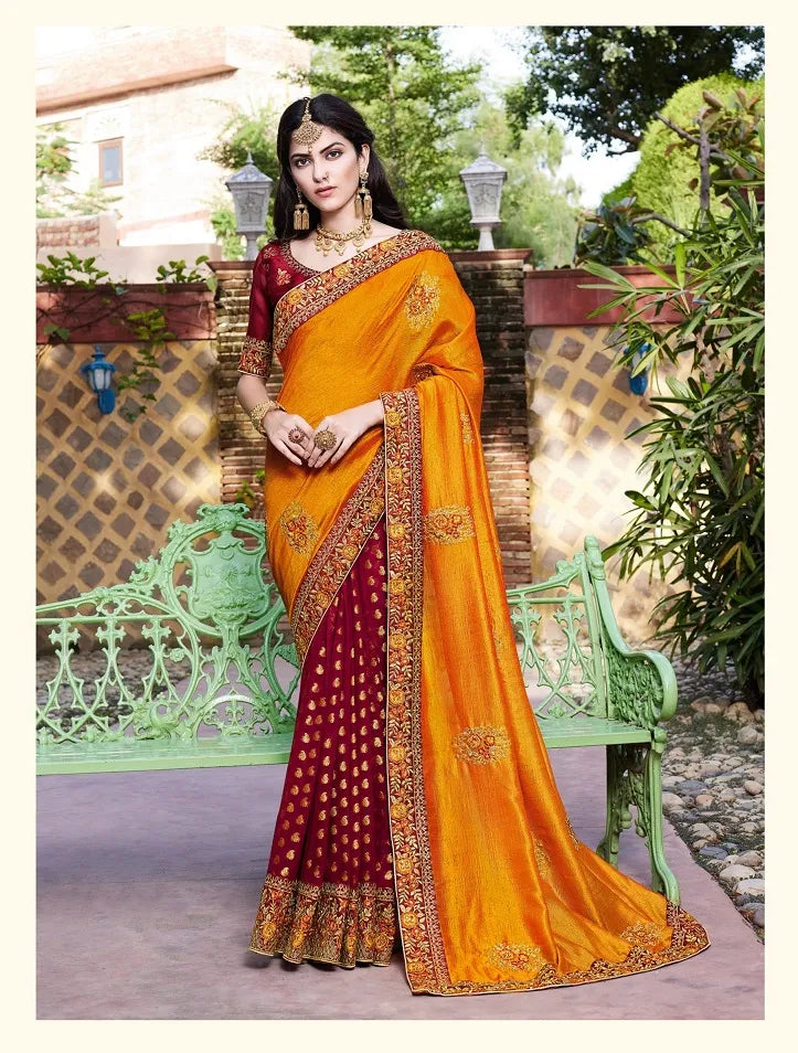 Georgette art silk red yellow designer saree with designer blouse, ready blouse, fall, pico