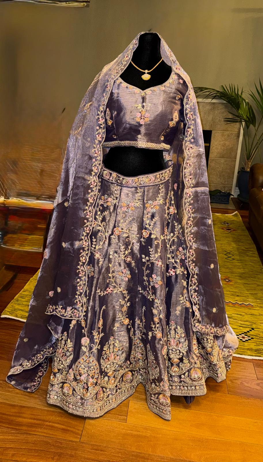 lavender purple fendi silk embroidery zarkan lehenga