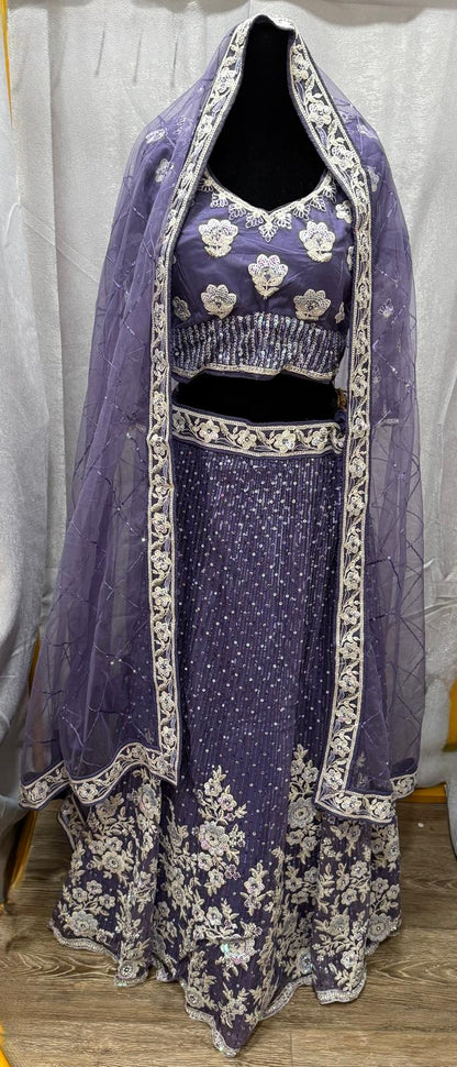 Violet lavender Sequence embroidery heavy zarkan silver embroidery lehenga