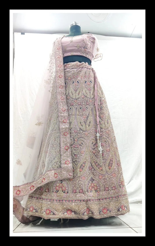 Lavender purple embroidery zarkan net heavy designer lehenga