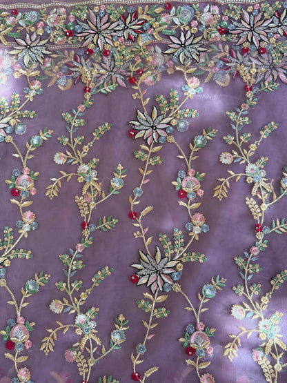 lavender purple net embroidery zarkan saree