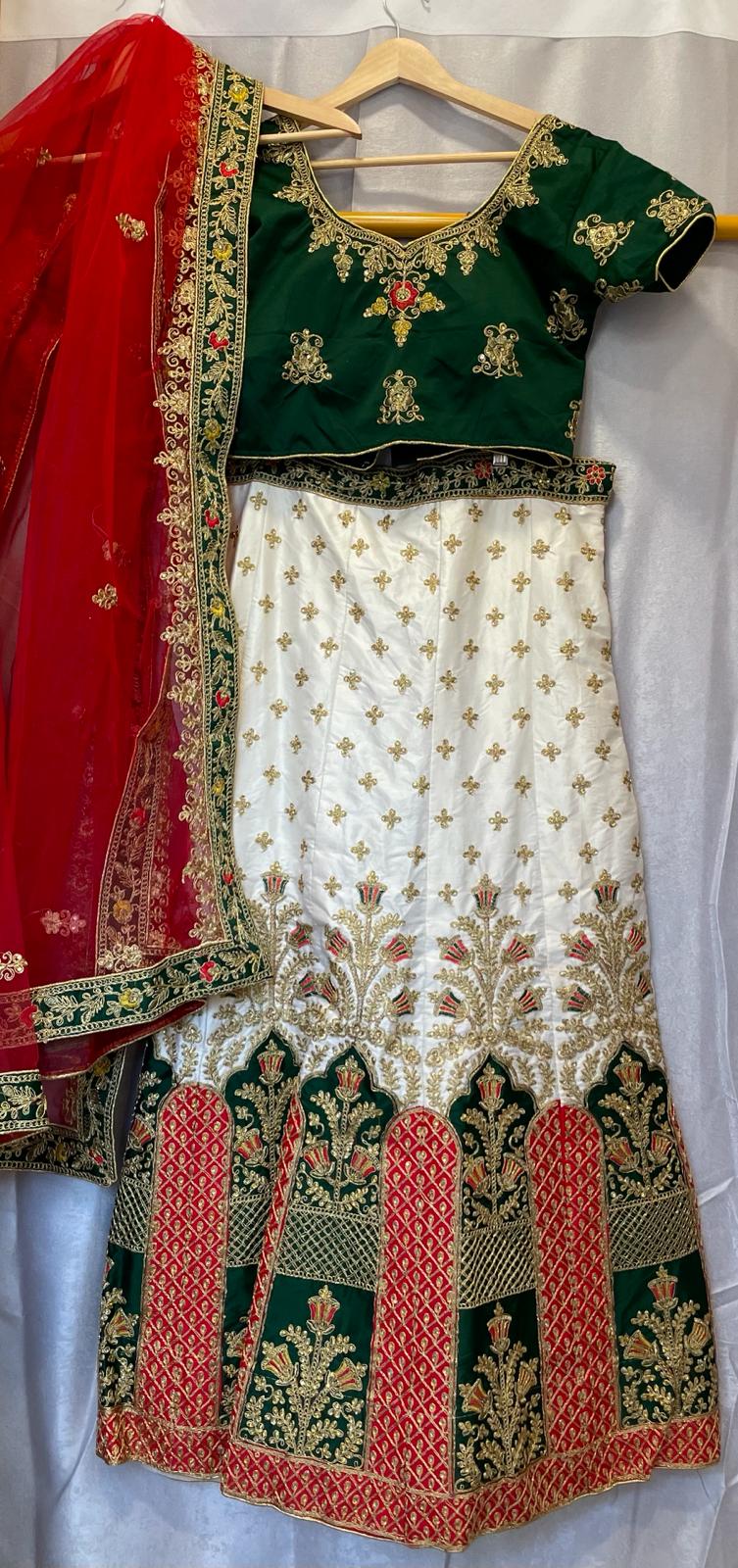 Malay silk cream white with red green embroidery zarkan lehenga