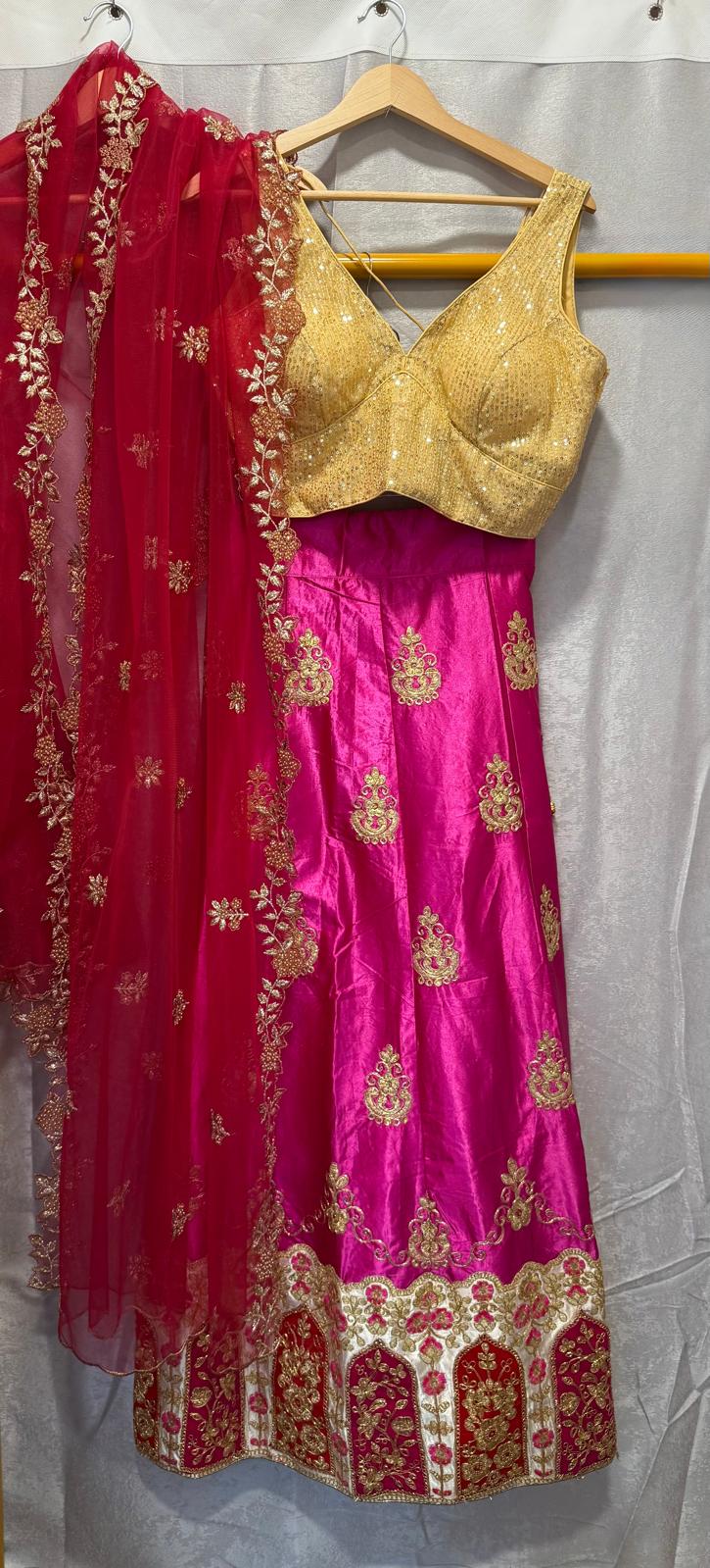 pink gold red malay silk lehenga with designer blouse