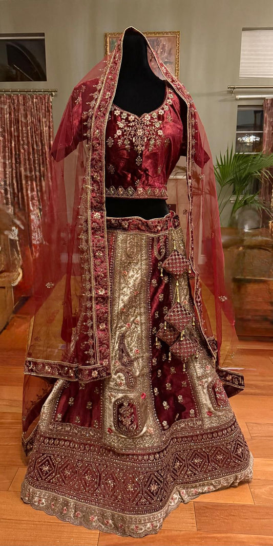Bridal maroon gold heavy velvet lehenga with zarkan, embroidery, double dupatta, latkan