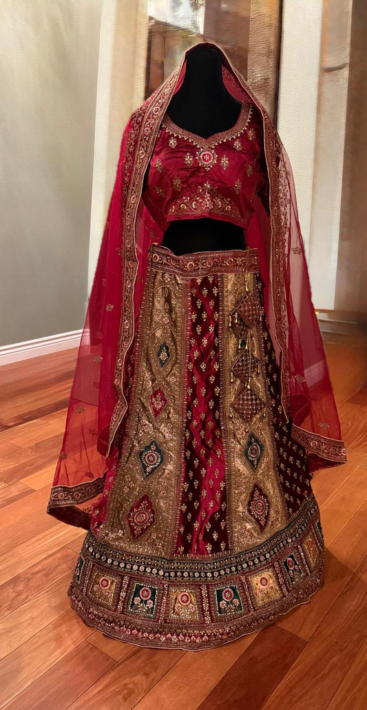 Bridal red green gold heavy velvet lehenga with zarkan, embroidery, double dupatta, latkan