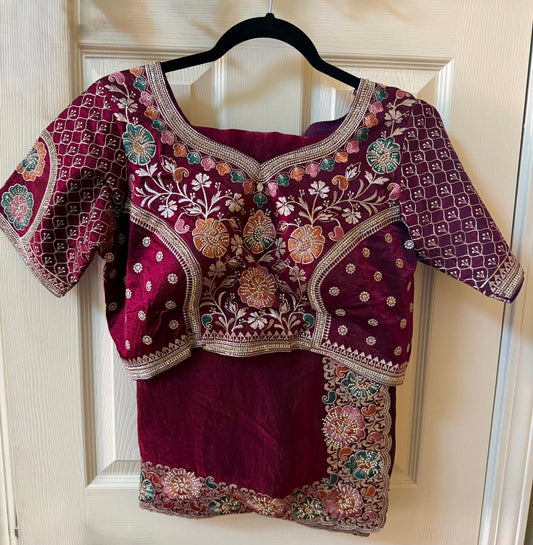 Maroon fendi silk saree with designer ready blouse