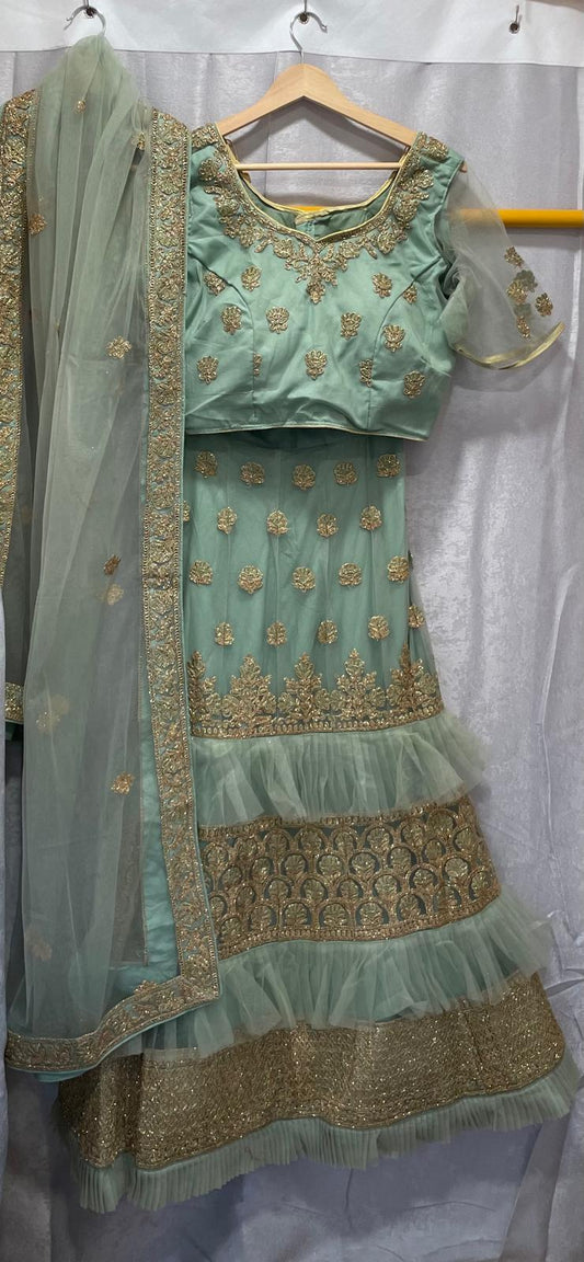 Mint green gold frill embroidery lehenga