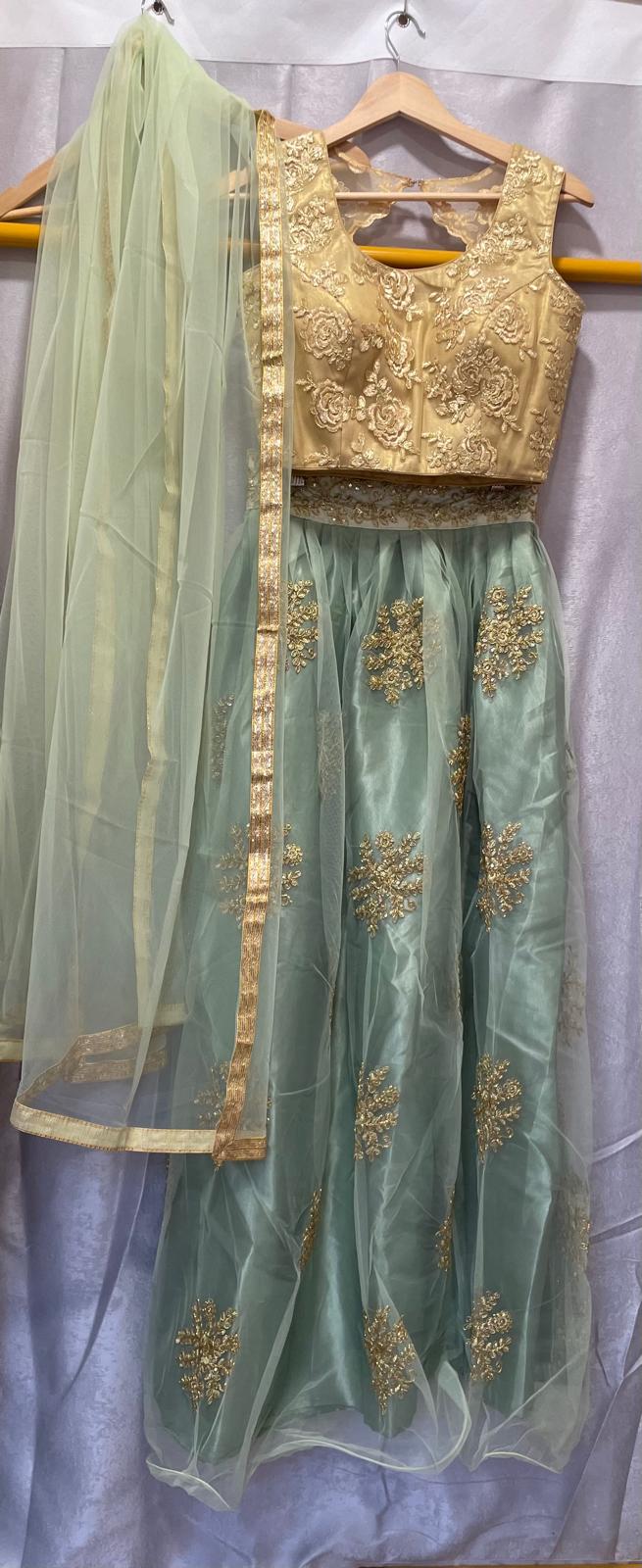 Mint green gold organza net lehenga with designer choli