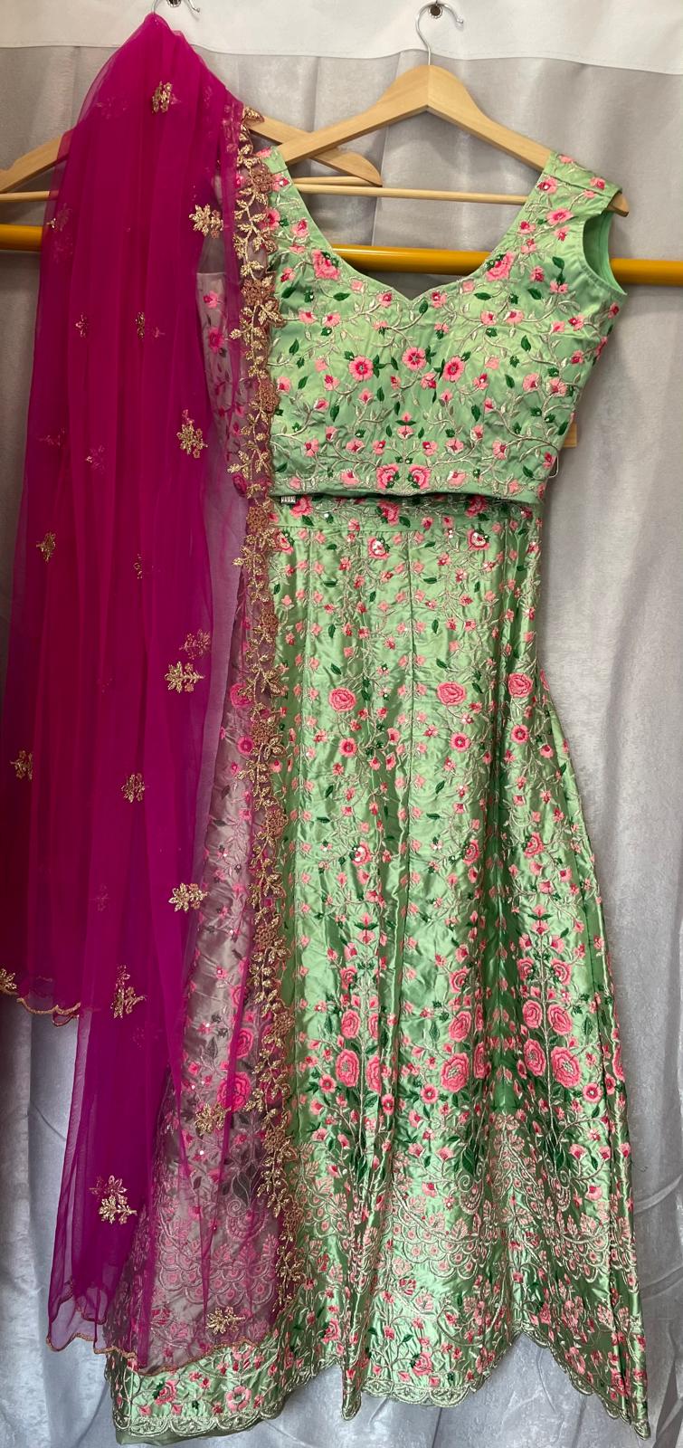 Mint green pink silver embroidery lehenga