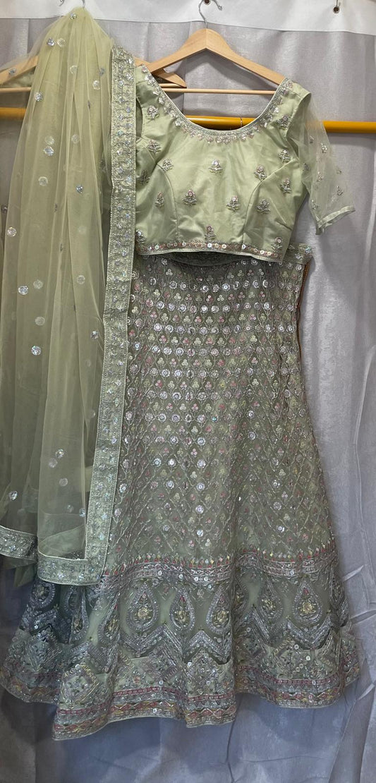 Mint green silver sequence embroidery lehenga