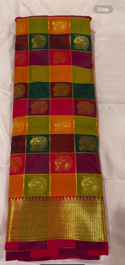multi checks semi kanchivaram silk saree with attached blouse piece